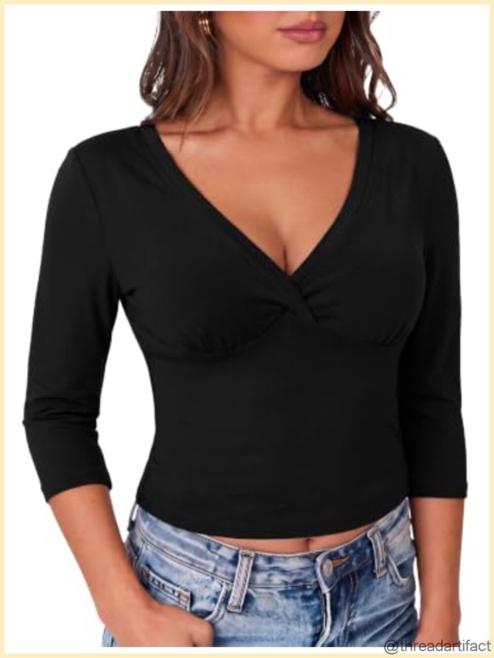 Women's 3/4 Sleeve Deep V Neck Ruched Crop Top Open Back Slim Fit Y2K Tee